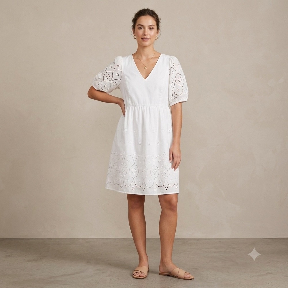 Old Navy Eyelet Mini Dress Women XL White V-Neck Puff Sleeve Cottagecore Boho